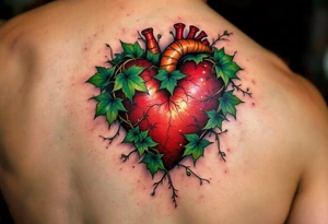 An ivy-covered heart emerging from the skin, shaded in deep emerald and gold tattoo idea