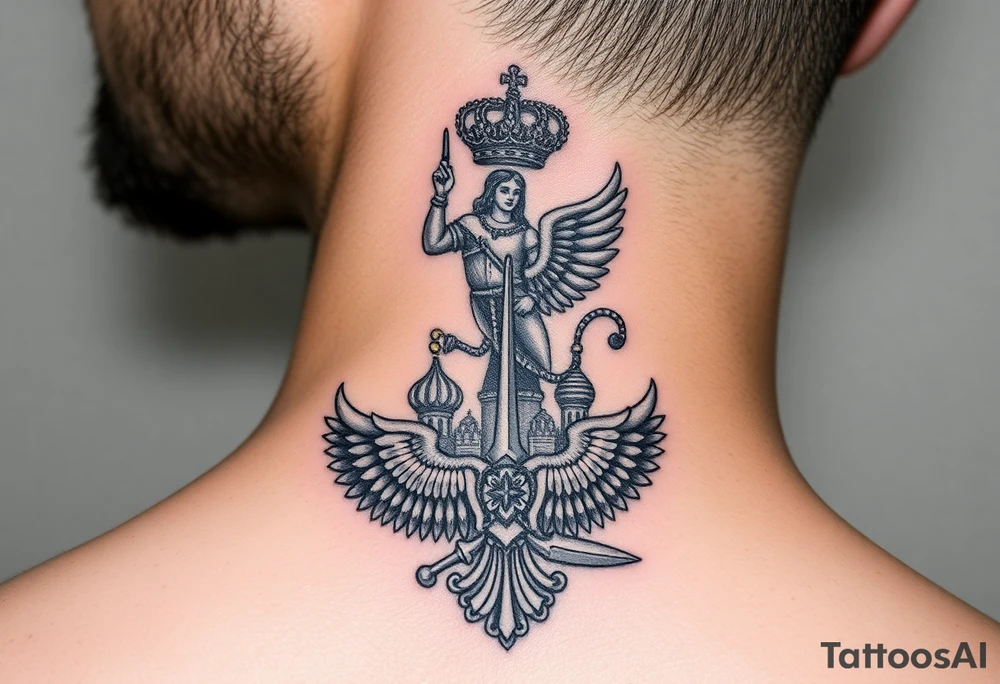 St. George slaying the dragon (hugely common in Russian Orthodox art)
Russian imperial crown above the eagle
Crossed swords or a Russian sabre
The Kremlin or St. Basil's Cathedral scene tattoo idea