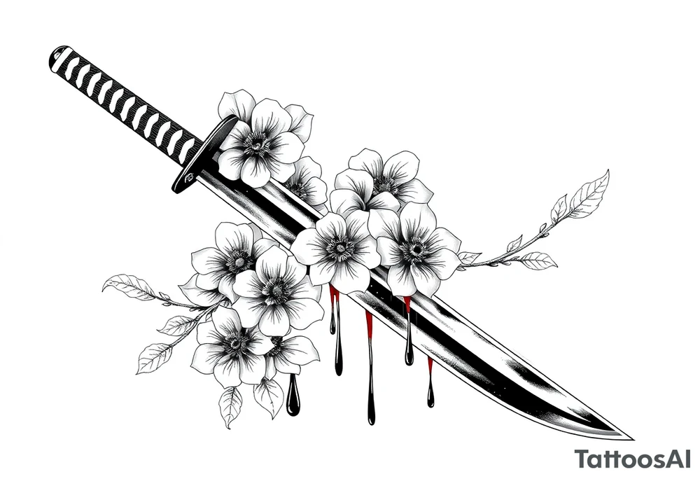 Katana with flowers and blood on the blade tattoo idea