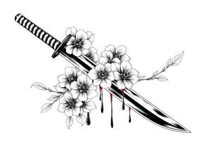 Katana with flowers and blood on the blade tattoo idea