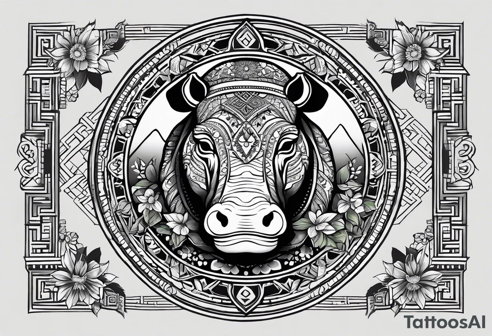 A foot long 2.5inches wide portrait orientation tattoo, containing a detailed hippo head with tribal patterns in the middle, a full moon on the upper side, and some wintersweet flowwer on the bottom side, these three components are connected with arches, lines, little geometric patterns, the lines will ne fine and narrow tattoo idea