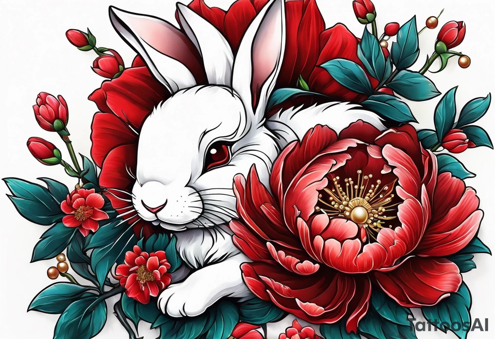 Red peony with pearls dangling and bunny tattoo idea