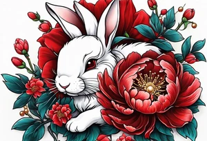 Red peony with pearls dangling and bunny tattoo idea