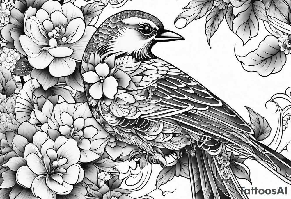 Japanese traditional style
leg sleeve with a bird and flowers tattoo idea