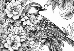 Japanese traditional style
leg sleeve with a bird and flowers tattoo idea