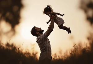 A silhouette of a father holding his baby girl in the air, both smiling, with a soft golden sun backdrop. tattoo idea