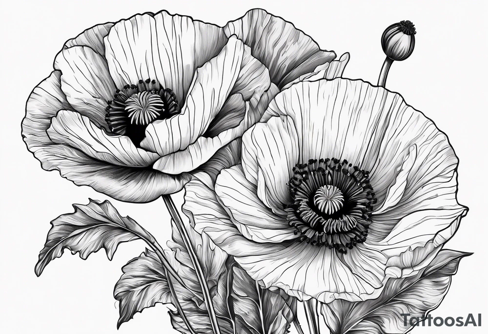 Poppy flowers with the date 1/15/22 in Roman numerals tattoo idea