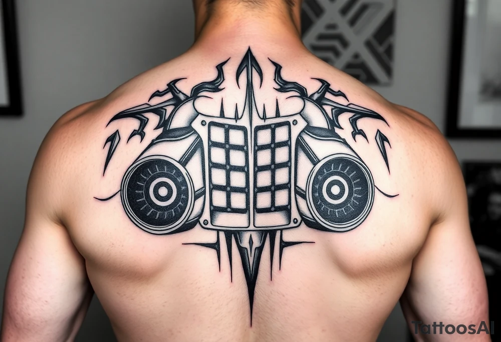 a back tattoo that looks like an exhaust vent, have it to where theres two exhausts on both back sides, try to make it look vertical on both sides also tattoo idea