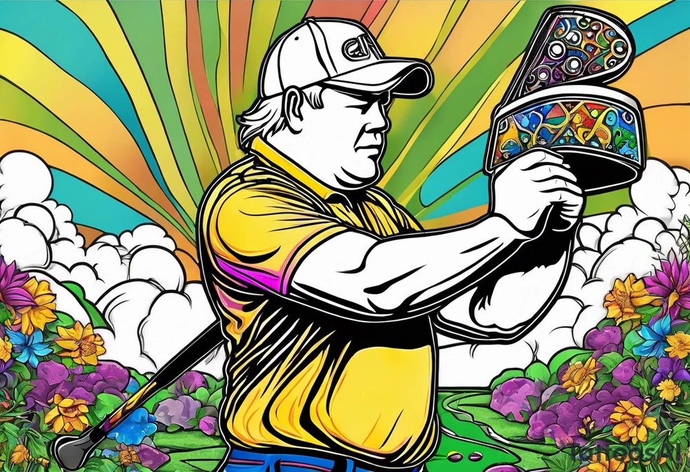 Golfer John Daly wearing the Infinity Gauntlet on one hand and holding a putter on the other hand on the 18th hole of the Masters. tattoo idea