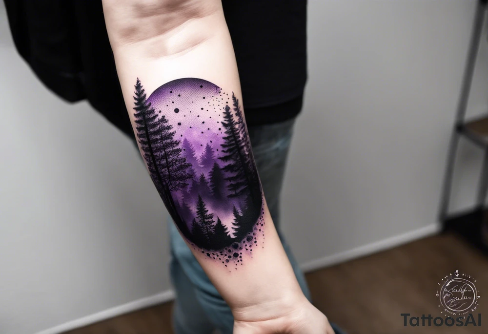 forest, purple and black, on forearm, fully covered, no borders, blackwork tattoo idea