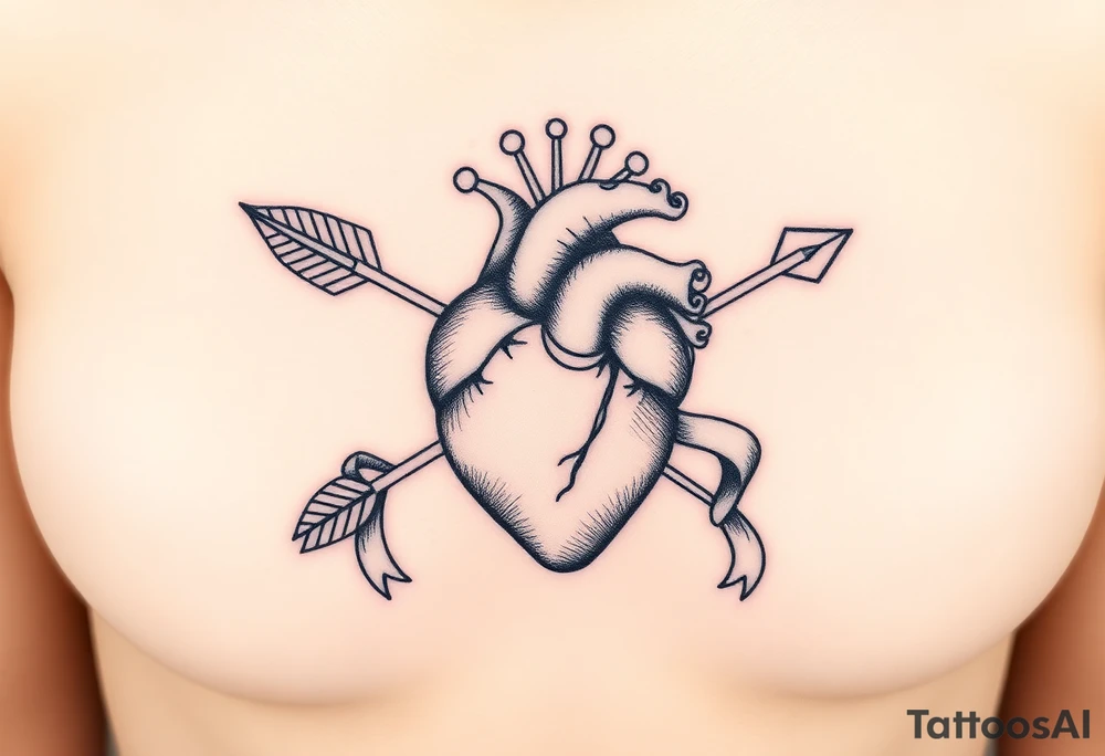 anatomical heart pierced by ornate arrow with flowing ribbons tattoo idea