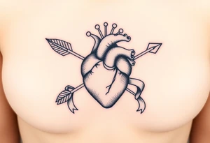 anatomical heart pierced by ornate arrow with flowing ribbons tattoo idea