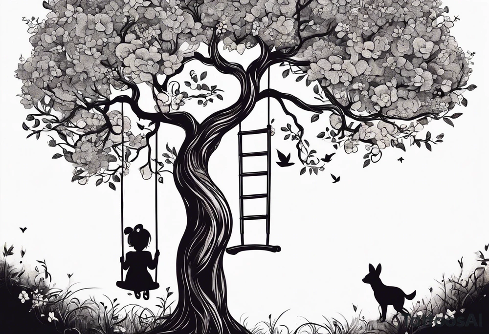 little girl swinging under a tree of life tattoo idea
