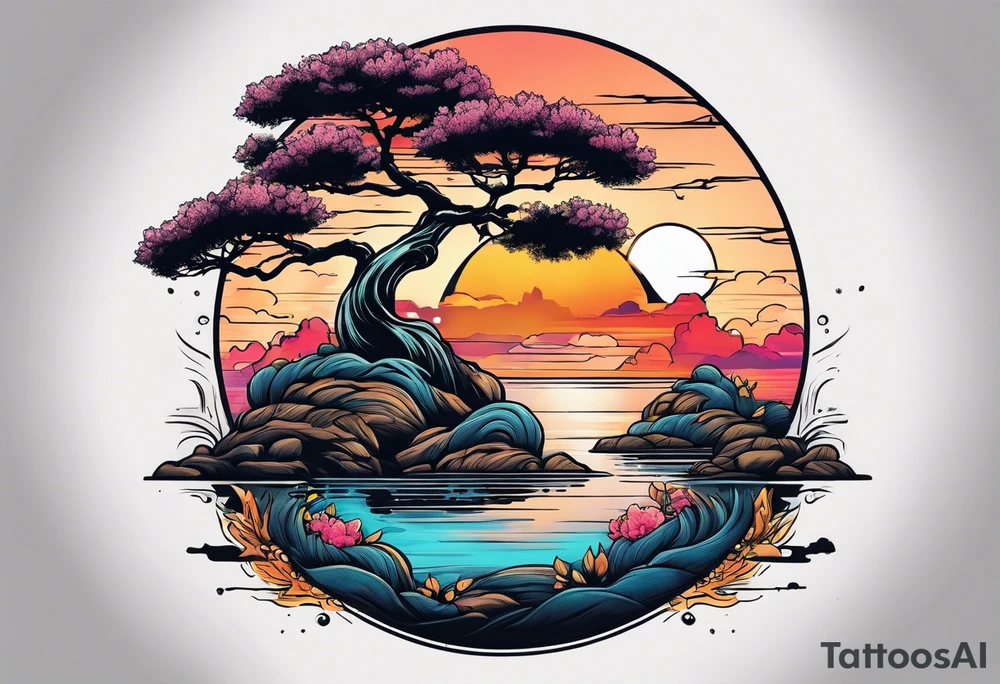 Sunset and little down bonsai trees tattoo idea