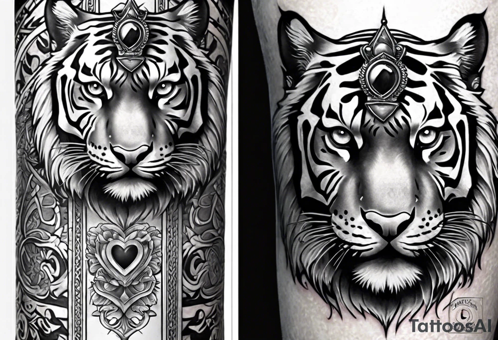 Full right arm sleeve a tiger at the top with a crown and third eye underneath a large hour glass with a brain and heart inside of it tattoo idea