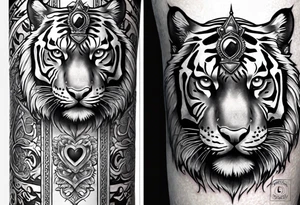 Full right arm sleeve a tiger at the top with a crown and third eye underneath a large hour glass with a brain and heart inside of it tattoo idea