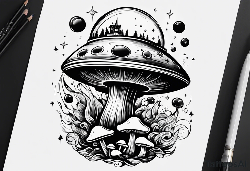 thin mushroom rocketship with fire coming out the bottom bursting out of bubble tattoo idea