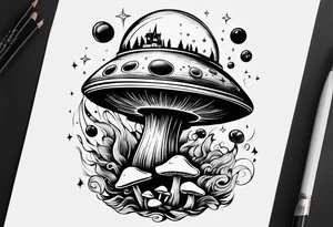 thin mushroom rocketship with fire coming out the bottom bursting out of bubble tattoo idea