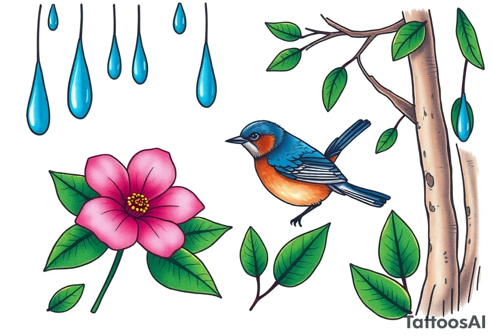 forest with blue rain drops, pink camelia flower and blue and brown wren bird tattoo idea