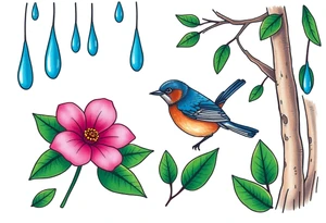 forest with blue rain drops, pink camelia flower and blue and brown wren bird tattoo idea