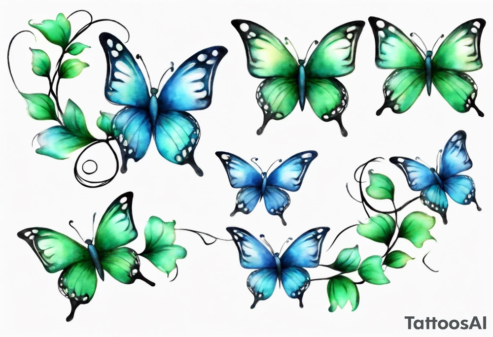 4 small blue and green butterflies, with 4 small 3D hearts, light in color, with some sort of vine intertwining them. tattoo idea