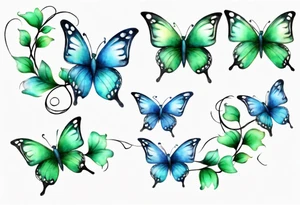 4 small blue and green butterflies, with 4 small 3D hearts, light in color, with some sort of vine intertwining them. tattoo idea