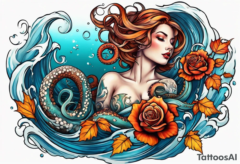 Left thigh tattoo with an octopus in water swirls wrapping around rocks, a rose, in fall colors tattoo idea