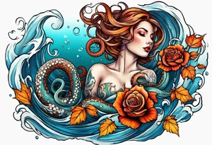 Left thigh tattoo with an octopus in water swirls wrapping around rocks, a rose, in fall colors tattoo idea