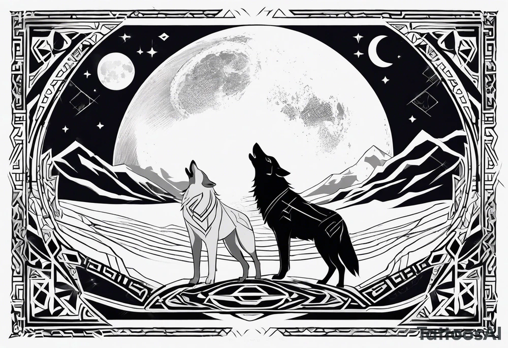 futuristic tribal theme design with moon and wolves and arabic words for forearms tattoo idea