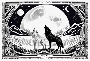 futuristic tribal theme design with moon and wolves and arabic words for forearms tattoo idea