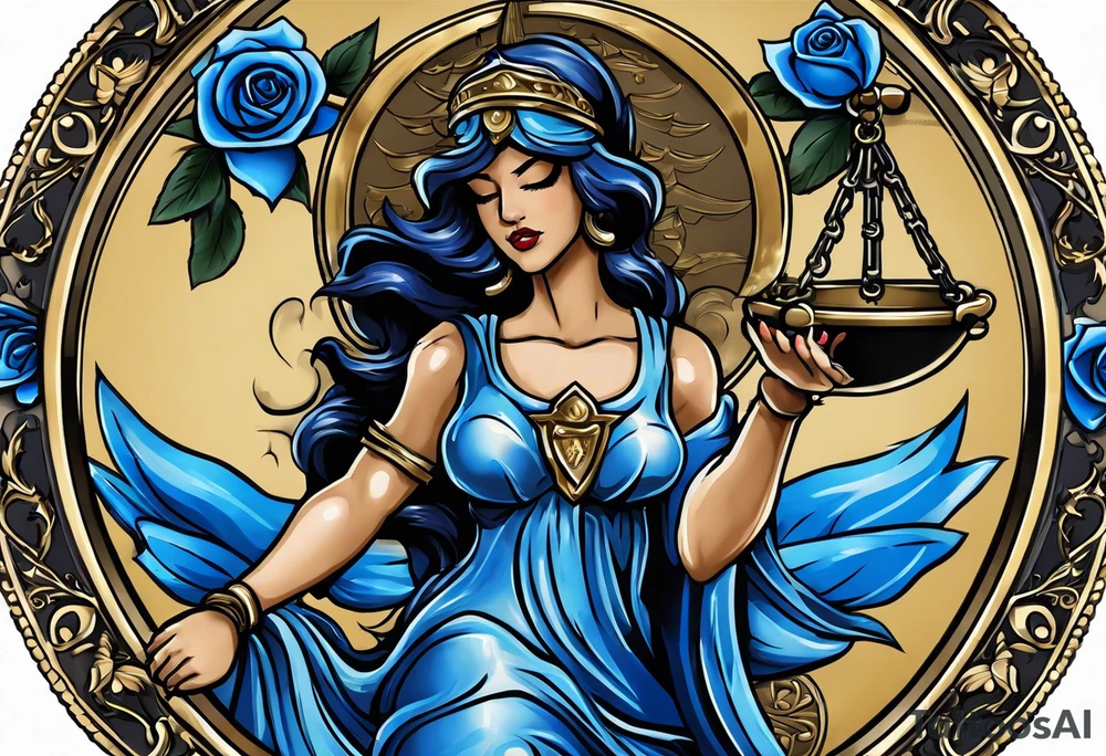 Lady Justice, 
Blindfold:
Scales: 
 Lady Justice is shown with black hair, which is a unique artistic choice compared to the more traditional representations. The scales, blindfold, and sword are all present, adhering to the classic iconography but with a modern and colorful twist. blue roses frames, background blue,present it in a tattoo tattoo idea