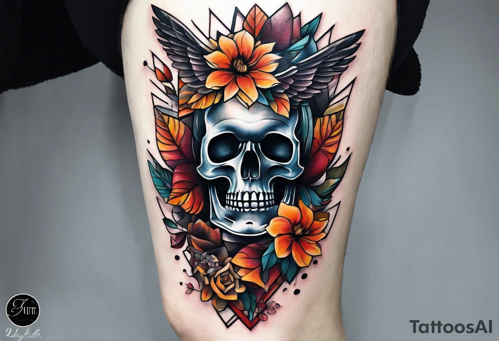 Knee tattoo with fall colors, flowers, skulls and geometric shapes. tattoo idea
