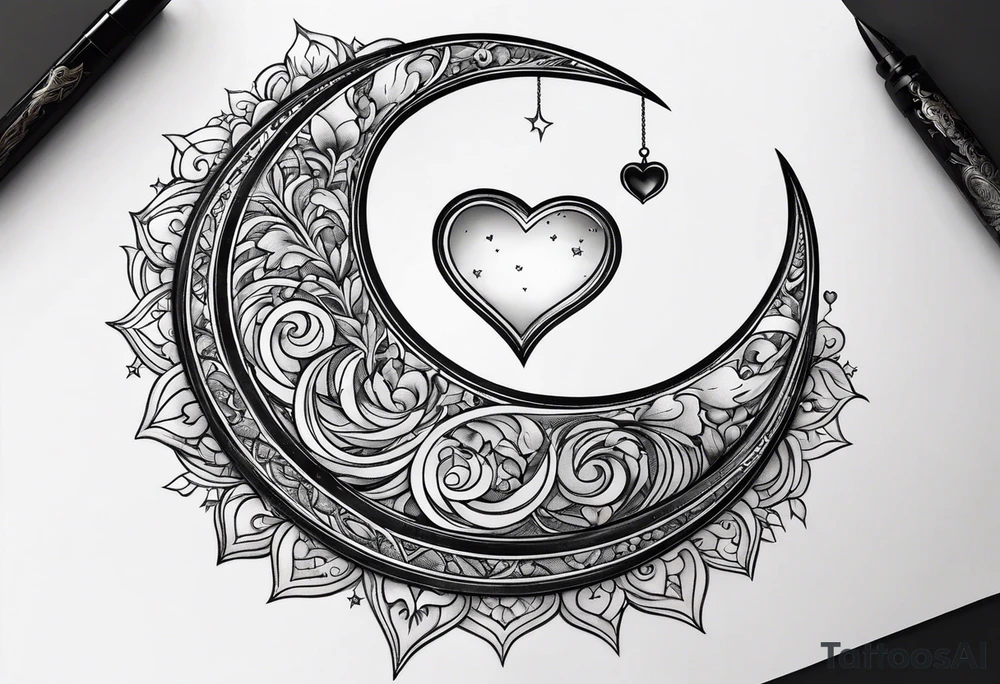 Crescent moon with a love heart inside tattoo idea