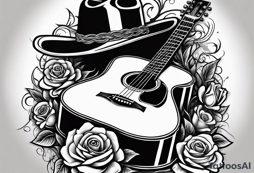 Country acoustic guitar with cowboy hat, barbed wire and roses in background tattoo idea