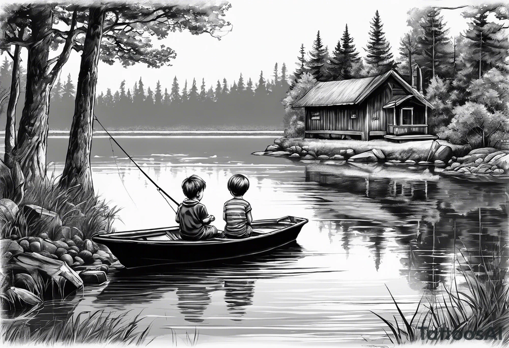 forearm tattoo set on a dock on a lake. There is a little boy sitting next to a little girl. The little boy is fishing and the little girl is reading. There are trees surrounding the lake. tattoo idea