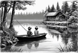 forearm tattoo set on a dock on a lake. There is a little boy sitting next to a little girl. The little boy is fishing and the little girl is reading. There are trees surrounding the lake. tattoo idea