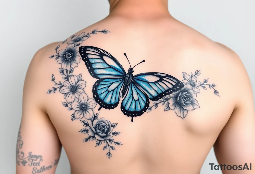 Sleeve/ floral with vines roses and daises large bright blue monarch in center of forearm with floral extending from wrist to mid bicep children’s names written with vines “ amber, Zachary, Justin, Harper, Vivian “ ARM SLEEVE tattoo idea