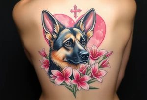 realistic german shepherd dog with pink lily flowers in front of sacred heart tattoo idea