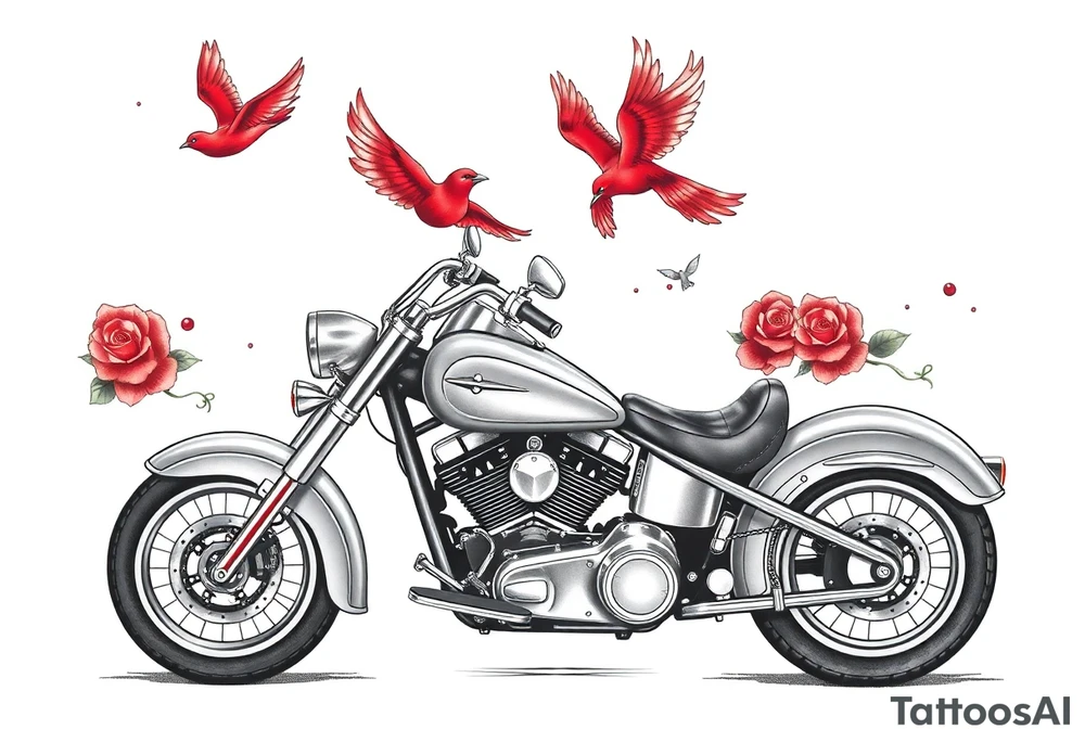 Harley grey motorcycle driving away, two red birds flying, roses, flames, angel wings tattoo idea
