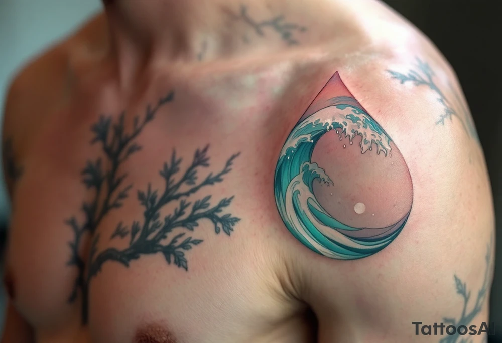 A teardrop shape filled with abstract, flowing waves in shades of turquoise, ocean blue, and soft white highlights. The design represents emotional depth and fluidity, with the colors symbolizing calm, peace, and emotional release. tattoo idea