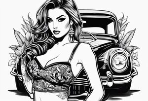 Mobster car pot leavesbikini girl tattoo idea