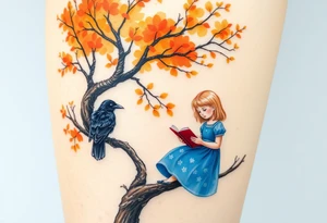 A Raven standing on the branch of an orange tree. A blond little girl wearing a blue dress sitting under the tree while reading a book. The raven is watching her. tattoo idea