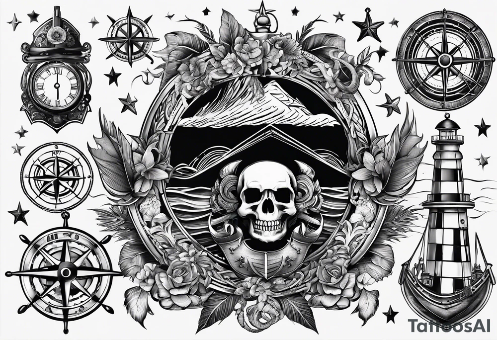 Combined tattoo with various nautical elements like anchor, compass and other nautical elements tattoo idea