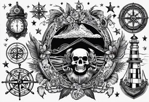 Combined tattoo with various nautical elements like anchor, compass and other nautical elements tattoo idea