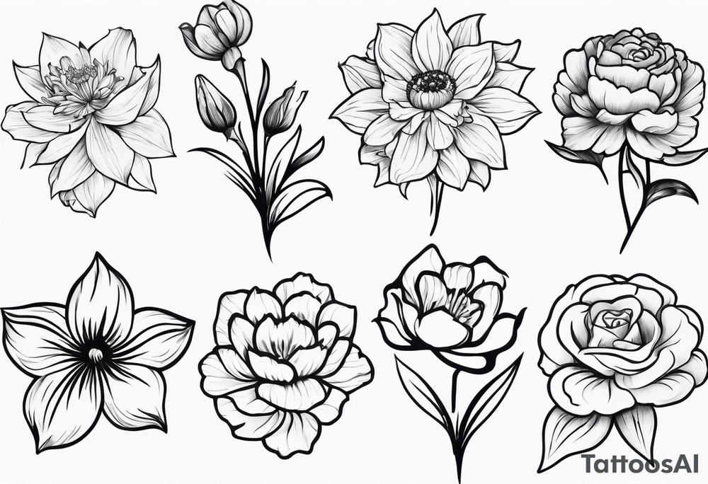 small minimalist black and white tattoo of a flower bouquet that MUST include 6 DIFFERENT flowers with ONE OF EACH: a carnation, a daffodil, a lily stock, a rose, a cosmos, and a chrysanthemum. tied together with a small bow tattoo idea