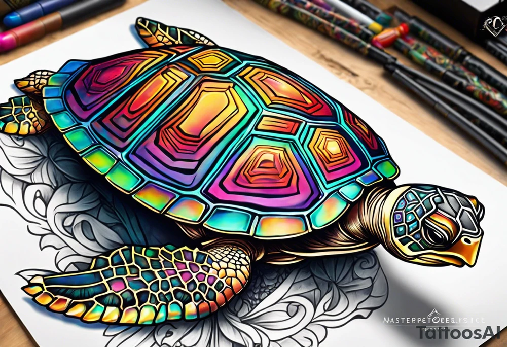 tropical psychedelic turtle's back, top down view, as seen from above tattoo idea