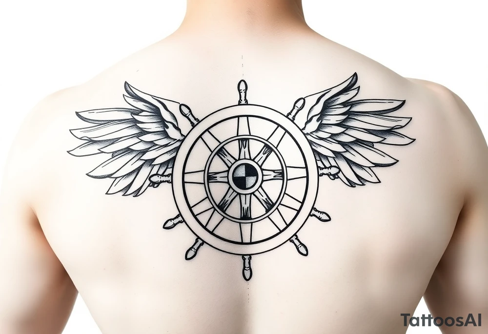 Sketch style geometric tattoo design of a ship steering wheel with sharp, structured wings. Fine lines, architectural guidelines, sacred geometry elements, black and grey ink, highly detailed hub and spokes, dynamic motion effect, artistic blueprint style, isolated on clean white background. tattoo idea