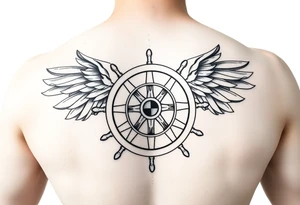 Sketch style geometric tattoo design of a ship steering wheel with sharp, structured wings. Fine lines, architectural guidelines, sacred geometry elements, black and grey ink, highly detailed hub and spokes, dynamic motion effect, artistic blueprint style, isolated on clean white background. tattoo idea