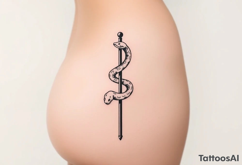 Snake tatto graphic on the hip. Positioned on the hip bone and lower closer to lady parts and leg. Snake symbolically wrapped over the pole (pole dance one). Minimalistic graphic style. Only snake and pole. Positioned horizontally, Pole vertically (not just Pole but a special pole for pole dance, but not to much details). Front view, hip bone is left and lower than belly, only front view. Pole is symbolically outline only like vertical simplified pole without details without beginning and end. Snake is placed diagonally according to the pole, partially wrapped around it and partially positioned on the hip bone from hip bone closer to vagina
No details on Pole. Make it looks just like some Pole without texture, minimalistic, without beginning and end. Please follow instructions very carefully, you are missing them tattoo idea