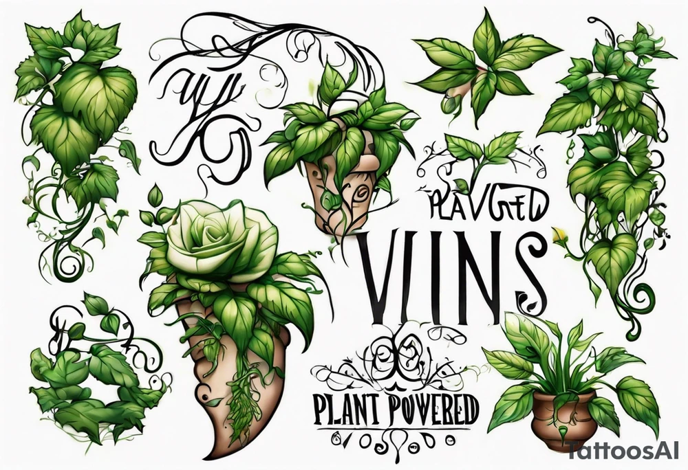 Words “Plant powered” with growing vines tattoo idea
